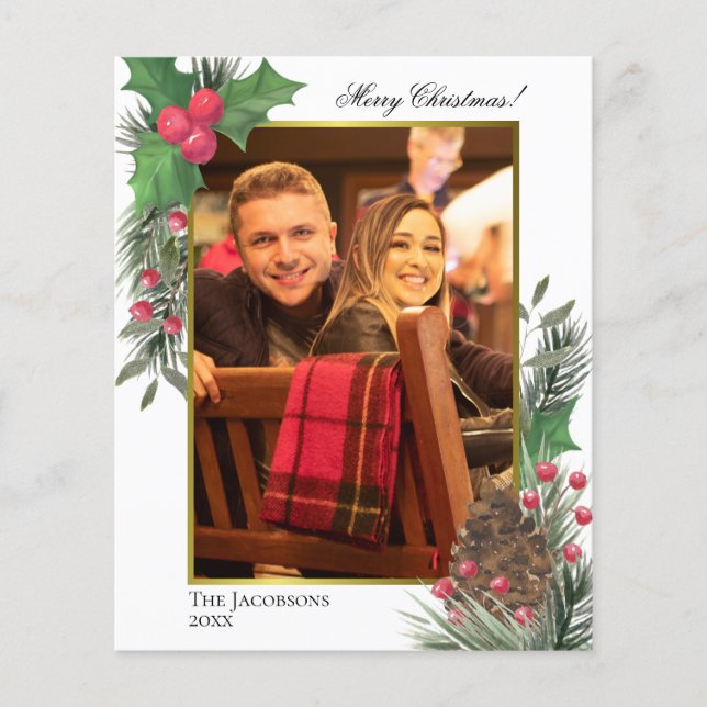Carte photo Festive Holly & Pine BUDGET de Noël (Devant)