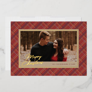 Carte photo Foil Winter Plaid Christmas - Rouge