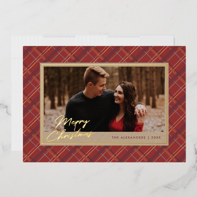 Carte photo Foil Winter Plaid Christmas - Rouge (Enveloppe)