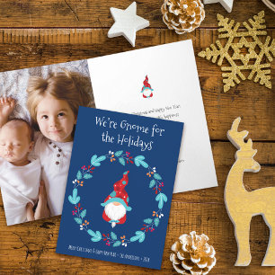 Carte Photo Gnomfor Holidays Cute Fun Elf Wreath Blue