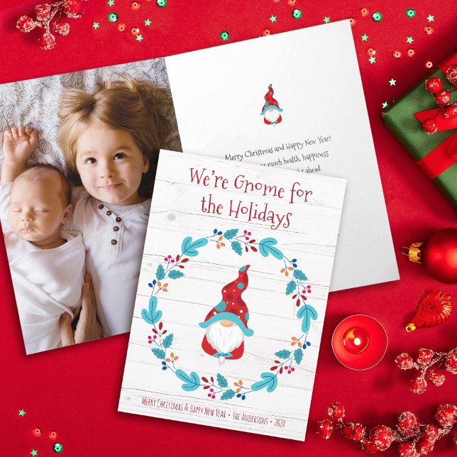 Carte Photo Gnomfor Holidays Cute Fun Rustic Wreath (Créateur téléchargé)