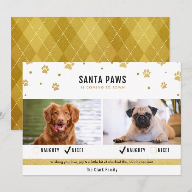 Carte photo Gold Naughty ou Nice Two Dog Christmas (Devant / Derrière)