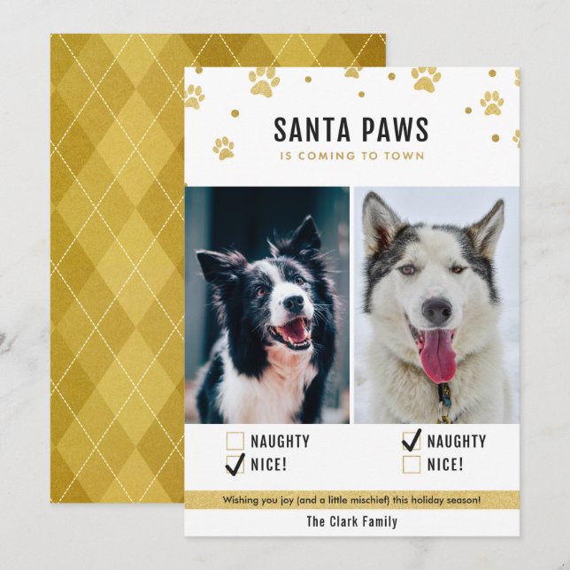 Carte photo Gold Naughty ou Nice Two Dog Christmas (Devant / Derrière)