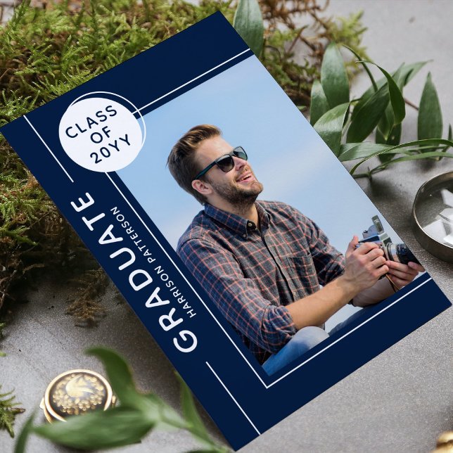 Carte Photo Graduation Party Moderne Script Bleu Blanc (Créateur téléchargé)