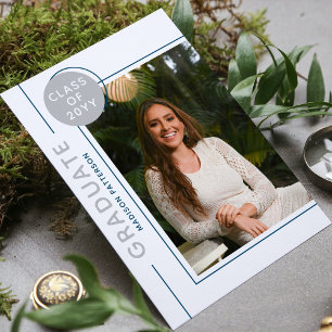 Carte Photo Graduation Party Script moderne Silver Blue