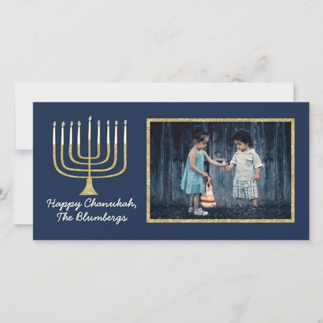 Carte photo Hanoukka "Elegant Menorah Blue" (Devant)