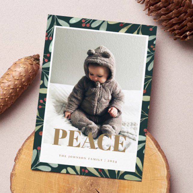 Carte photo Holly Berry Green Gold Peace Christmas (Créateur téléchargé)