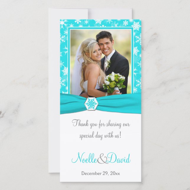 Carte photo Mariage Aqua, White, Grey Snowflakes (Devant)