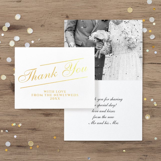Carte photo Mariage de Merci de script classique (Add your photo and short thank you message to these real foil thank you cards)