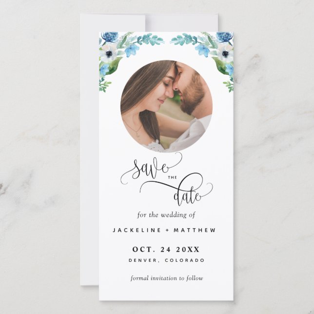 Carte Photo, Mariage Floral Bleu Enregistrer La Date Sig (Devant)