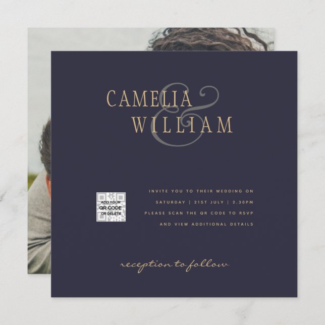 Carte PHOTO Mariage Inviter QR Code Enregistrer Date BLU (Devant / Derrière)