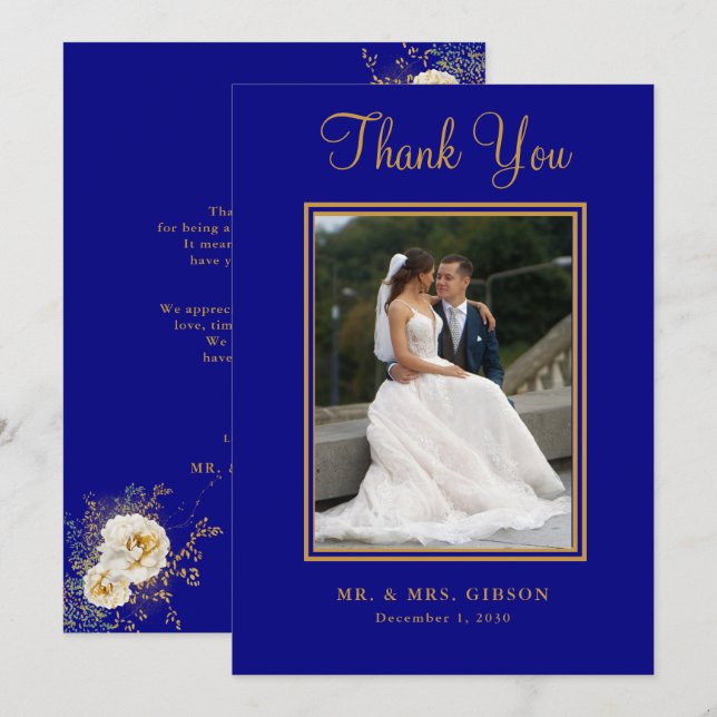 Carte Photo Marine Blue Gold Script Mariage (Devant / Derrière)