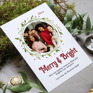 Carte Photo moderne Merry & Bright Script Wreath
