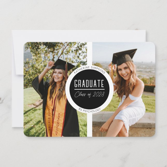 Carte photo moderne noir & blanc Gradué Deux (Devant)