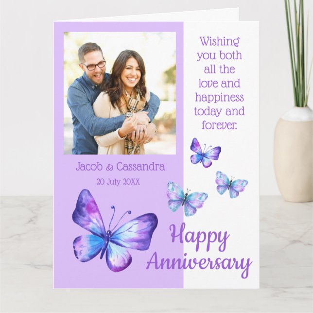Carte Photo moderne Purple Blue Butterflies Anniversaire (Devant)