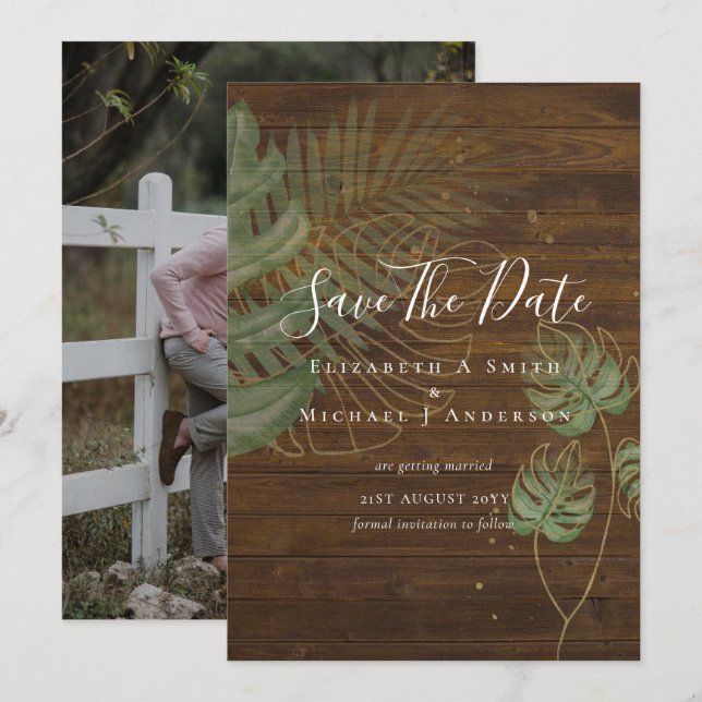 Carte Photo moderne SAVE DATES Topique Feuille Gold (Devant / Derrière)