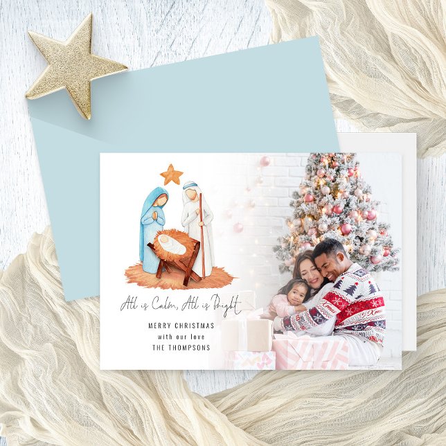 Carte Photo Nativité Tout est calme Joyeux Noël (Front and back view)