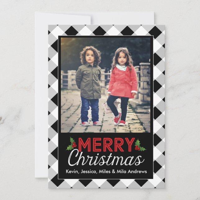 Carte photo noir et blanc de Noël de plaid de (Devant)