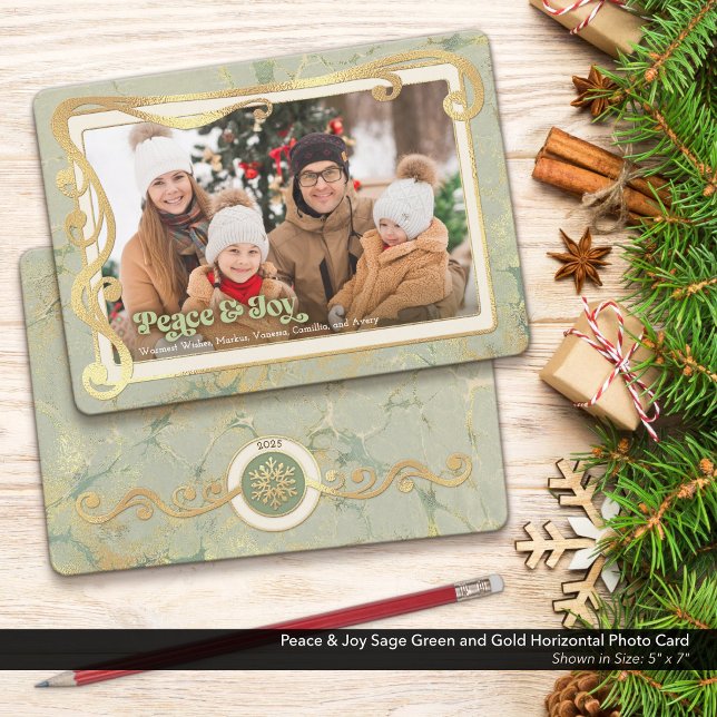Carte photo Paix & Joie Vert Sauge & Or (Peace & Joy Photo Card with a Touch of Vintage Whimsy and Peaceful Sage Green & Gold Colors.)