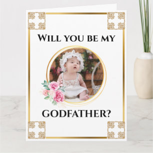Carte Photo parrain or croix florale bouquet chic