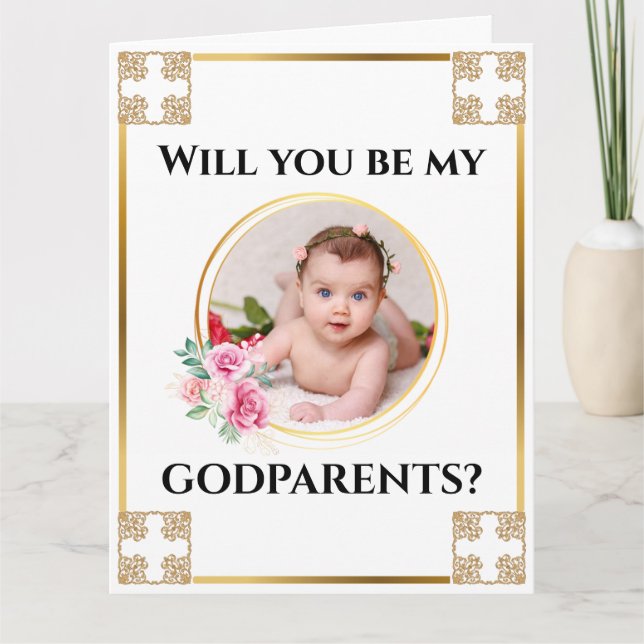 Carte Photo parrains or croix bouquet floral chic (Devant)