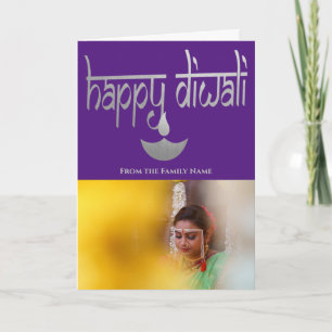 Carte Photo personnalisé Diwali Joyeux Violet et Argent