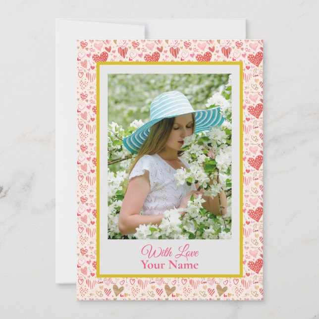 Carte Photo Personnalisée Avec Coeurs D'Amour Rose (Devant)