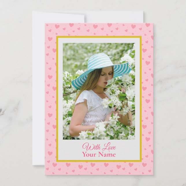 Carte Photo Personnalisée Avec Coeurs D'Amour Rose (Devant)