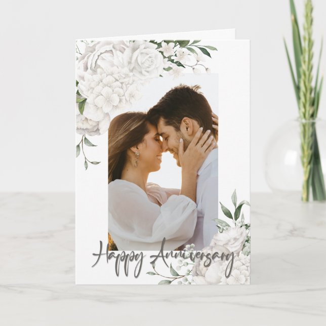 Carte Photo personnalisée Blanc Floral Anniversaire Salu (Devant)