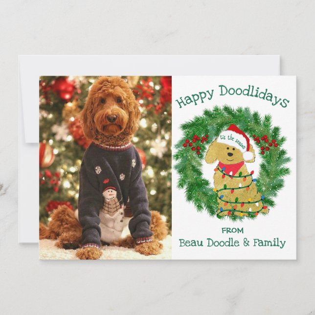 Carte Photo personnalisée Lumières de Noël Goldendoodle (Devant)