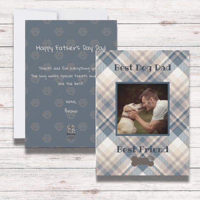 Carte Photo Plate à Motifs Bleus pour le Meilleur  ( Happy Father's Day. Personalize the card with your photo and message, from the dog, to the best dad)