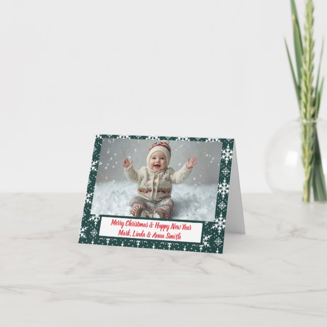 Carte photo plié de Noël des flocons de neige vert (Devant)