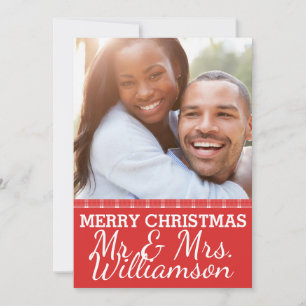 Carte photo Red Plaid Mr & Mrs Christmas