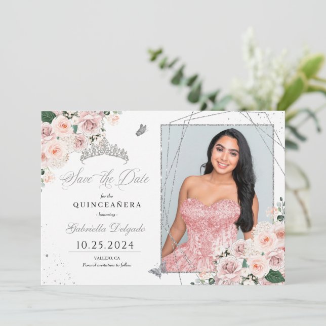Carte photo Rose & Argent Quinceañera Enregistrer  (Debout devant)