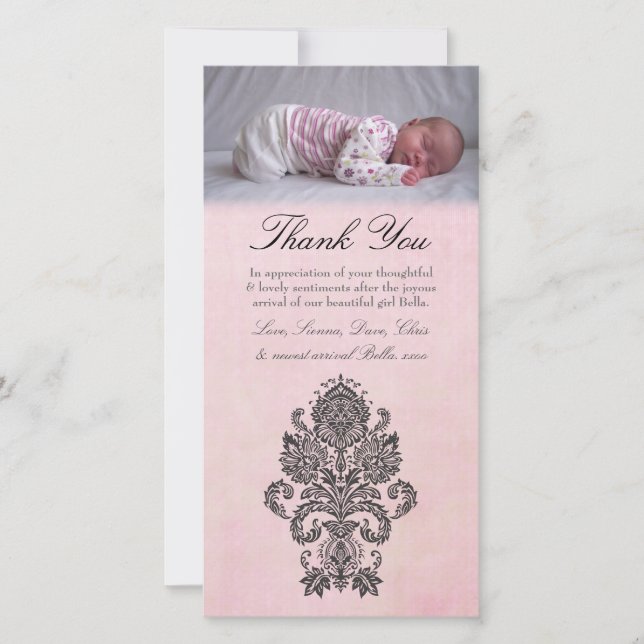 Carte photo rose baroque de bébé de note de Merci (Devant)