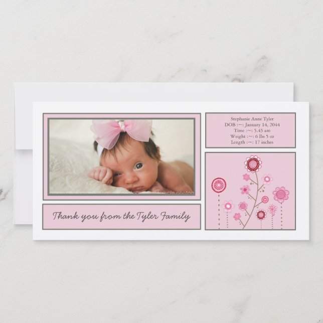Carte photo rose de Merci de bébé de jardin (Devant)