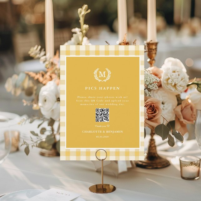 Carte PHOTO S'EST PRODUITE ! Code QR Galerie Mariage Jau (PICS HAPPEN!QR Code Yellow Gingham Wedding Gallery Card)