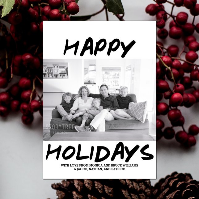 Carte photo tendance de Joyeux Vacances | Noir (Black Trendy Happy Holidays Photo Card)