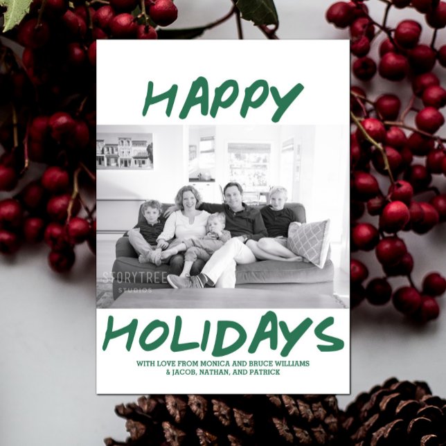 Carte photo tendance de Joyeux Vacances | Vert (Green Trendy Happy Holidays Photo Card)