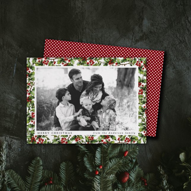 Carte photo vintage Holly Frame Christmas (one photo Christmas holiday card with traditional type and vintage holly berries border)
