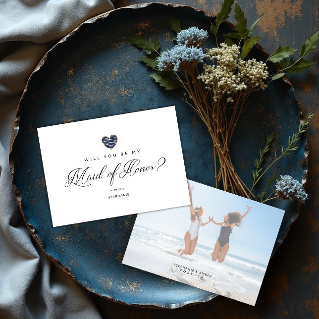 Carte Photo Will You Be My Maid of Honor Navy Heart (Custom Photo Will You Be My Maid of Honor Navy Heart Proposal Card. )