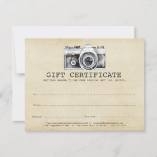 Carte Photographe professionnel Camera Certificat cadeau