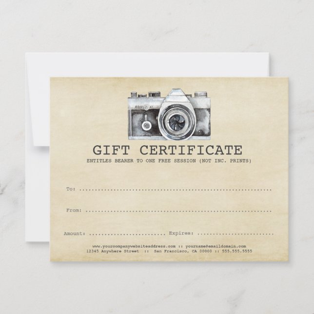 Carte Photographe professionnel Camera Certificat cadeau (Devant)