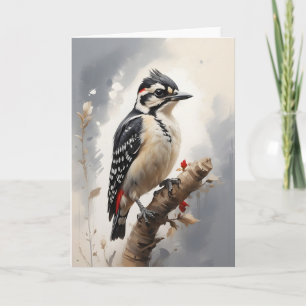 Carte Picidae à plastron blanc perché sur une branche d'