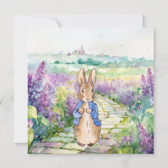 Carte Pierre le lapin avec lilas aquarelle (Devant)