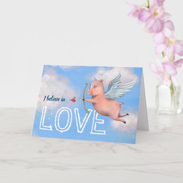 Carte Pig Volant unique Cupid Amour Saint Valentin (Orchidée)