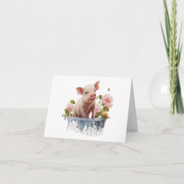 Carte Piglet mignon avec eau et fleurs BLANC (Devant)