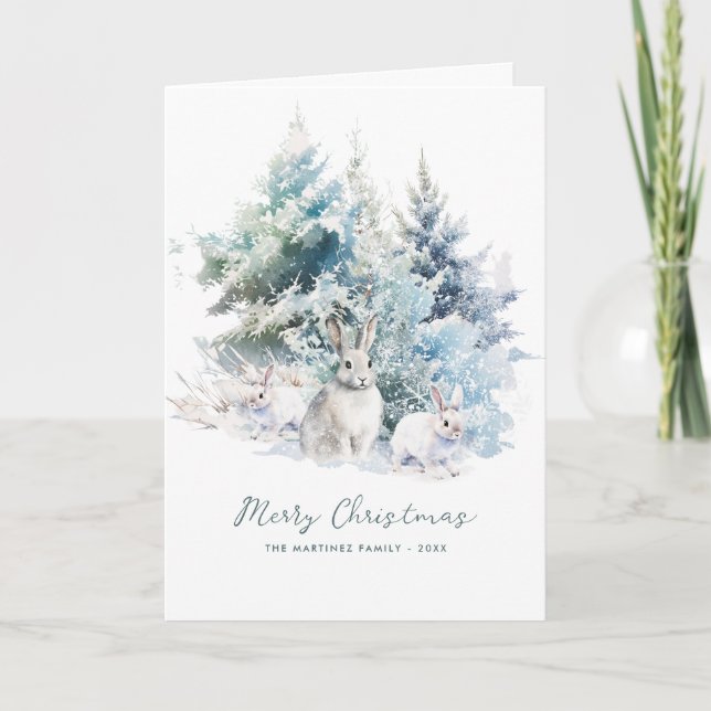 Carte Pine de bois neigeux Lapin Joyeux Noël Plié (Devant)