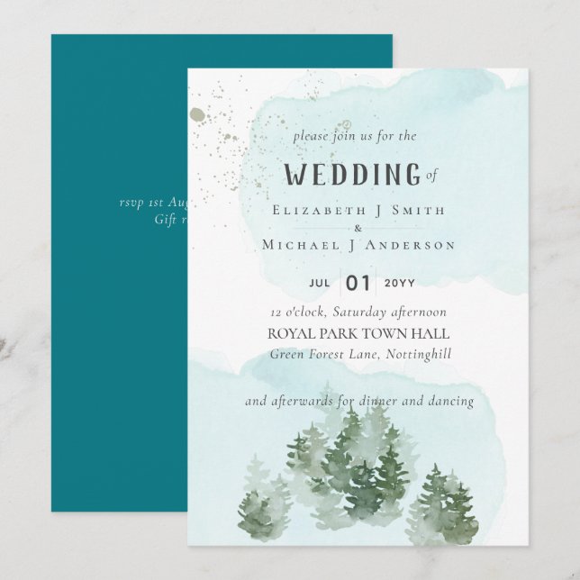 Carte Pine Trees Teal and Sage Wedding (Devant / Derrière)
