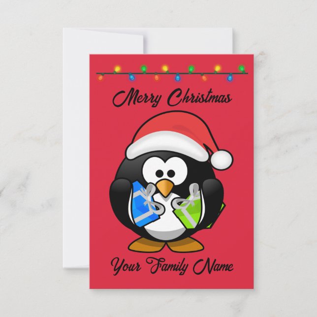 Carte Pingouin Arrière - plan rouge tenant des cadeaux d (Devant)